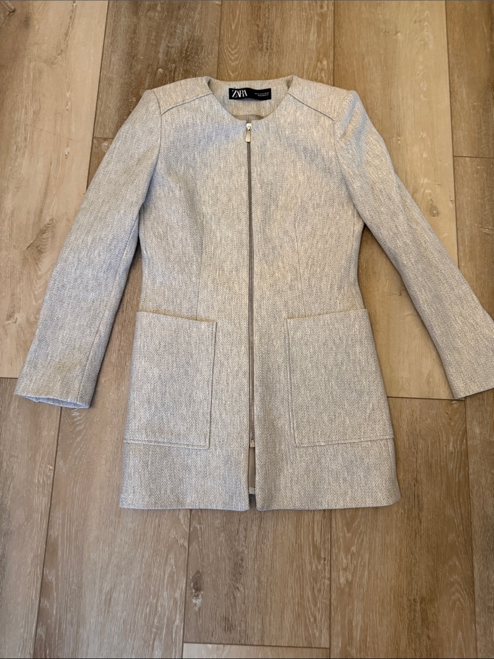 Zara Light Gray Textured Zip-Front Blazer Coat
